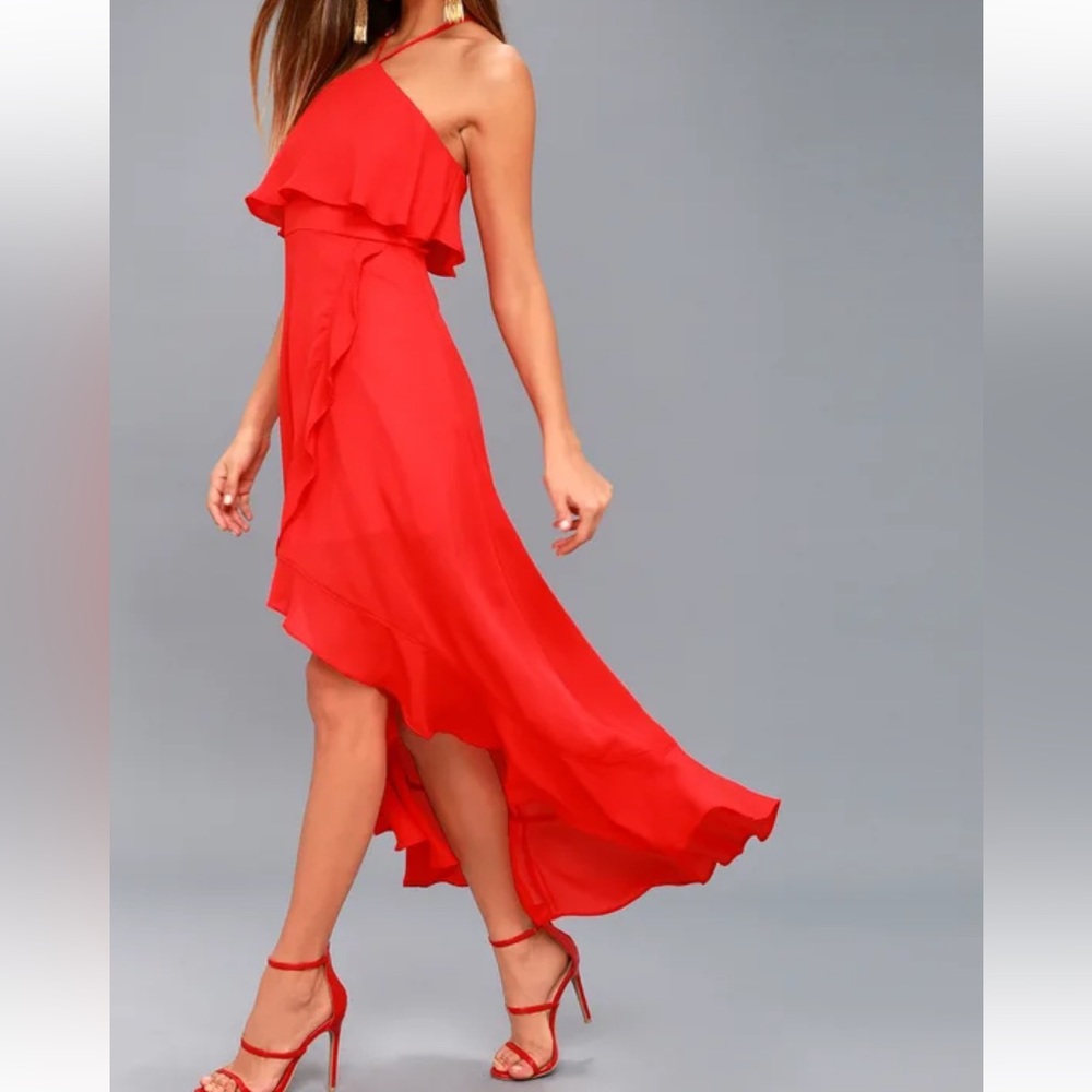 Lulus - Magic in Milan Red High Low Midi Dress - XS